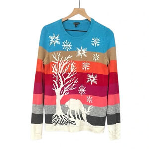 Talbots Winter Scene Striped Lambswool Blend Long Sleeve Crew Neck Sweater M
